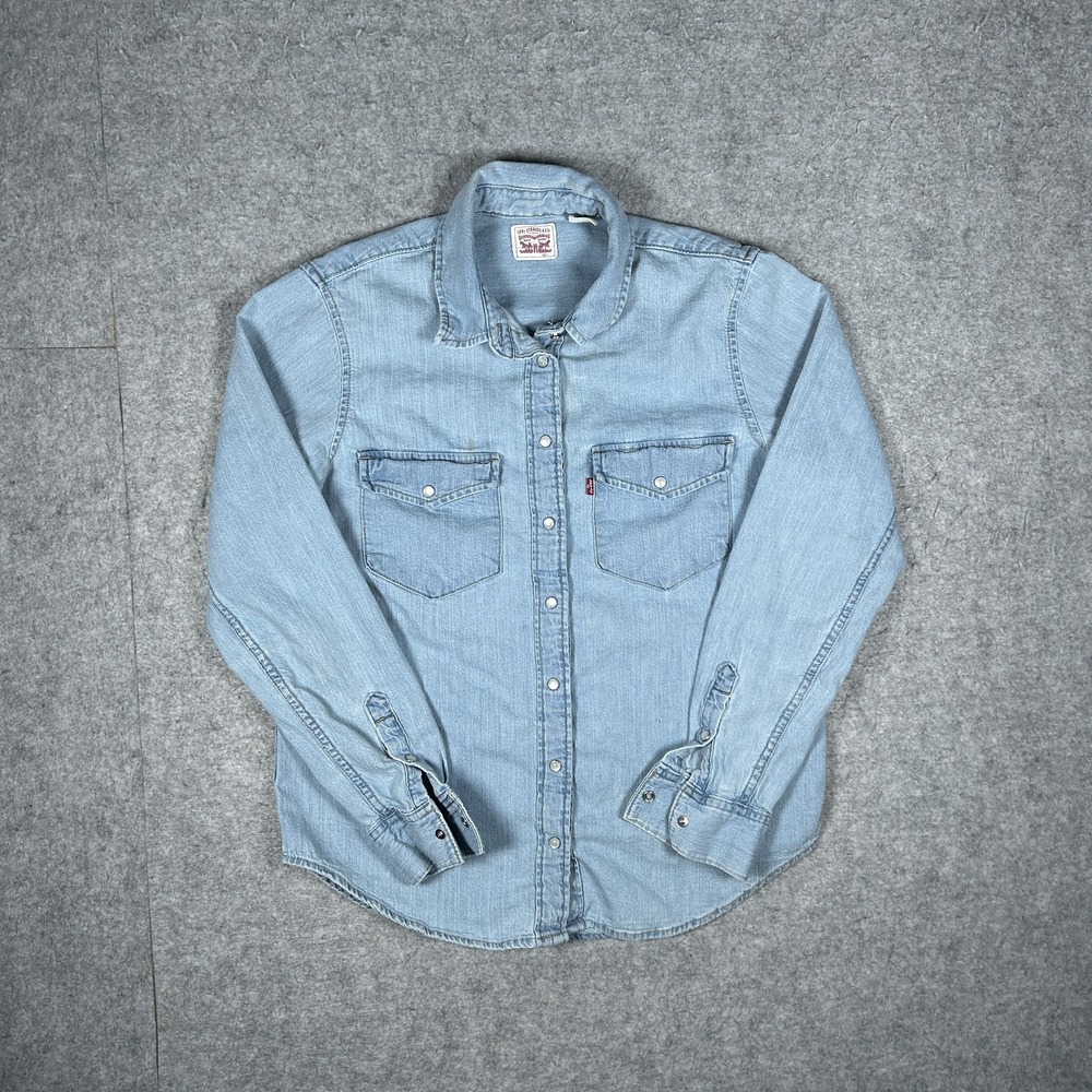 Vintage Levi's Button Down Shirt Womens Small Light Blue Y2K Denim Western Snap